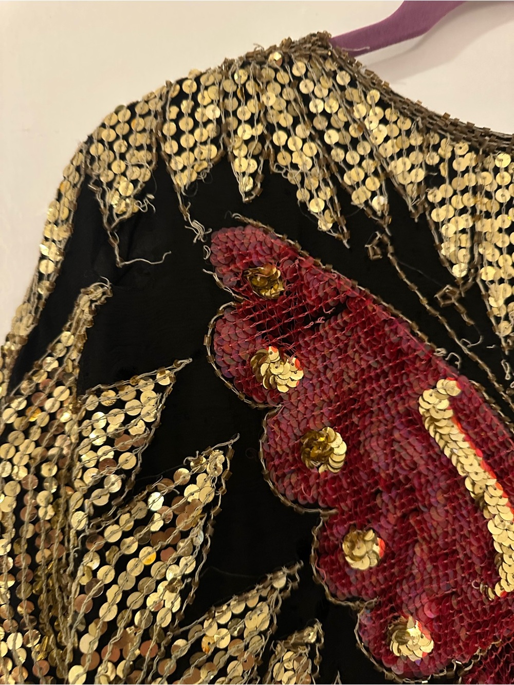 Vintage Black Crop Top with Red Sequin Butterfly and Gold Sequins - Picture 5 of 5